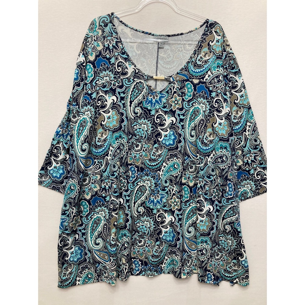 Catherines Tunic size 4X Blue Paisley V-Neck Relaxed Stretch Knit Blouse
